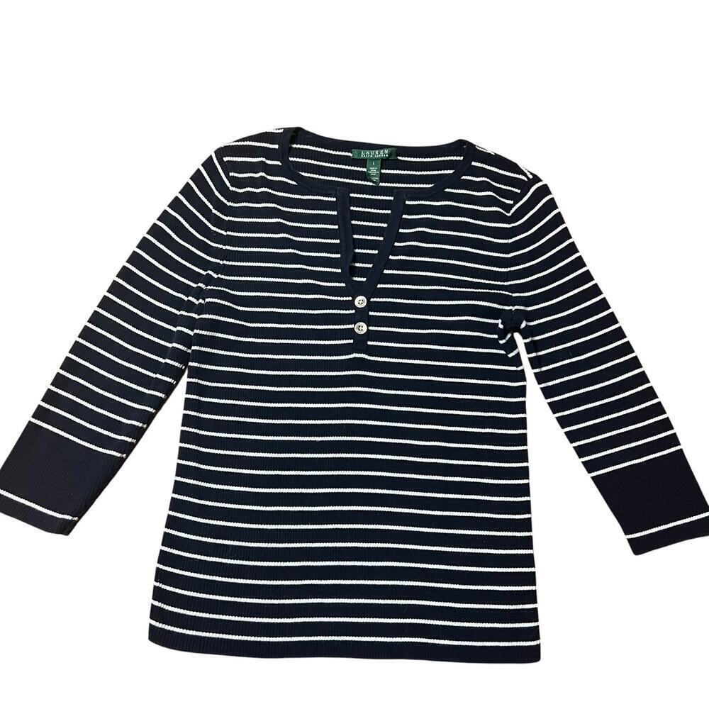 Lauren Ralph Lauren Preppy Navy Striped Top Size Large